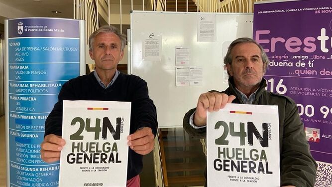 Fito Carreto y José Antonio Gomila, con los carteles llamando a la huelga general.