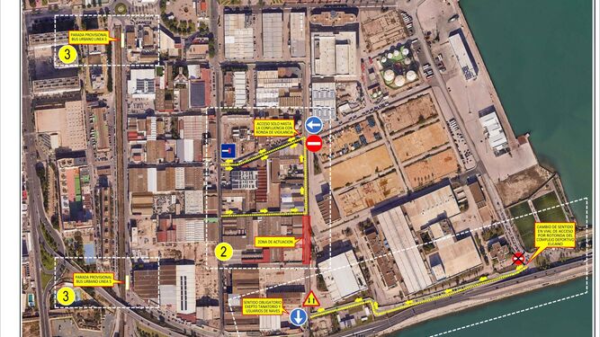 Mapa con los cambios en el tráfico por las obras en la calle Ronda de Vigilancia de Cádiz.
