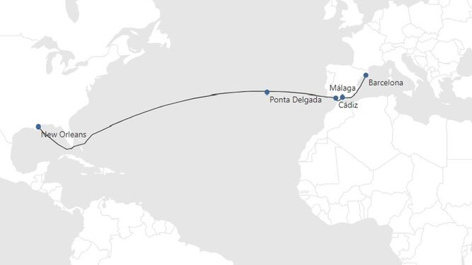 Ruta entre Barcelona y Nueva Orleans, al otro lado del Atlántico, con parada en Cádiz