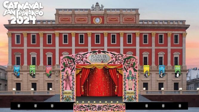 Infografía con el diseño del escenario que se montará para el Carnaval en la Plaza del Rey.