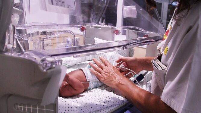 Imagen de archivo de una sanitaria junto con un bebé prematuro.