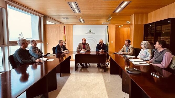 La reunión de Óscar Curtido; el alcalde de El Puerto, Germán Beardo; técnicos y políticos en la delegación de Medio Ambiente de la Junta.